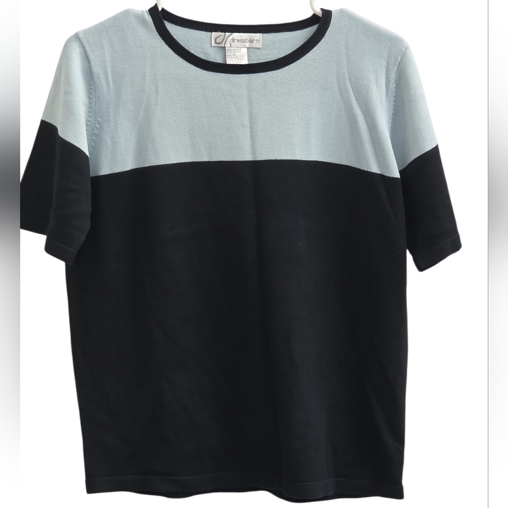 DressBarn Colorblock Knit Top Black Blue Short Sleeve Sweater Size M
